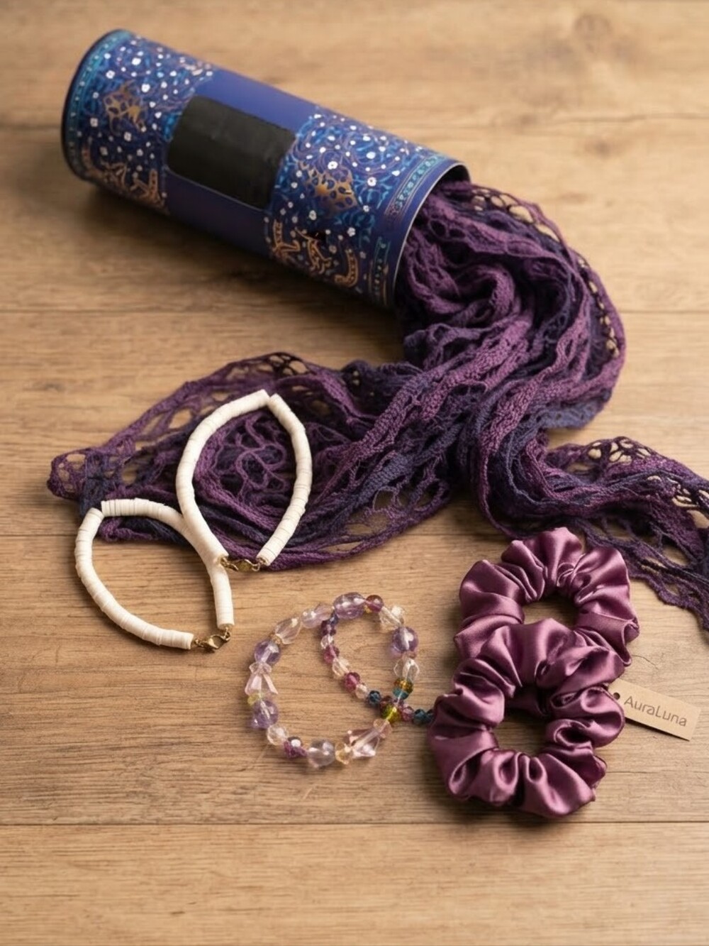 Handmad Gift Box Set Purple Satin Scrunchie & Beaded Bracelet Women Accessories